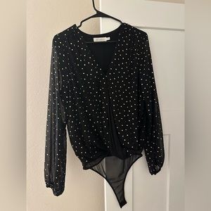 Gold and black polka dot chiffon body suit